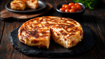 Traditional Spanish food Tortilla de Patatas. A thick omelette made with potatoes and onions, with a golden-brown exterior and a soft interior. Served on a slate plate.