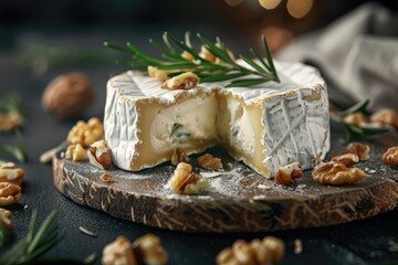 A piece of cheese accompanied by nuts on a wooden cutting board, ideal for serving as an appetizer or snack