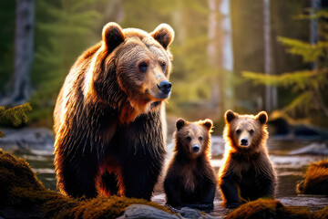 Obraz premium Brown bear family walk in a wild forest.