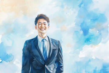 青空と笑顔のビジネスマンの水彩画（就活・転職・就職・会社・仕事・会社員）