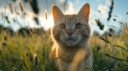 Obraz premium British shorthair cat gazing forward on green grass field picture