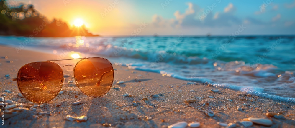 Wall mural Sunglasses on the Beach at Sunset