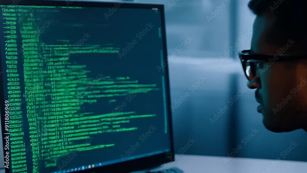 Poster young programmer frustrated while hacking game on laptop at night generative ai