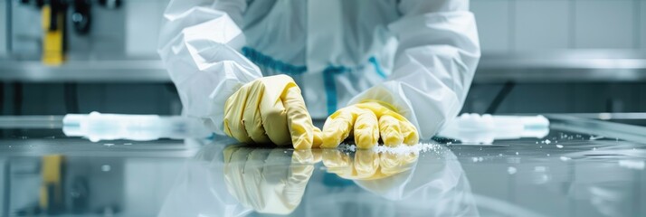 Disinfecting a Table Female in White Workwear and Protective Gloves Cleaning the Table Surface