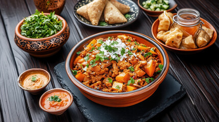 Traditional Indian food Aloo Gobi with cauliflower, potatoes, garnished with cilantro and cheese, served with chutneys, samosas, and other Indian snacks.
