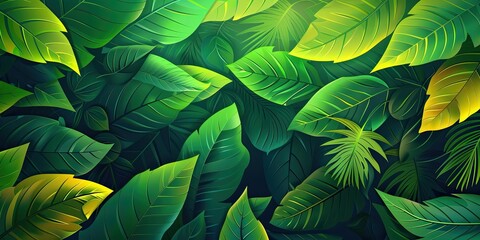 Lush green leaves in tropical jungle.