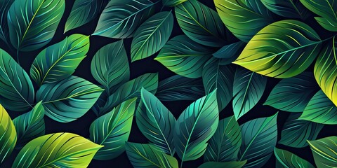 Green leaves, dark background, vibrant pattern.