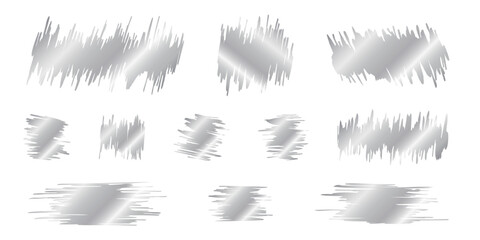 Silver scraped scratchcard textures. Collection of shining metallic surfaces of game tickets, promo code cards, lotteries or sale coupons isolated on a white background. Vector realistic illustration.