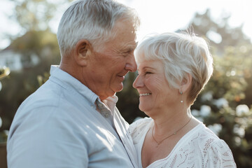 Elderly couple hugging and smiling, candid photo of a couple showing love to each other, outdoor photography