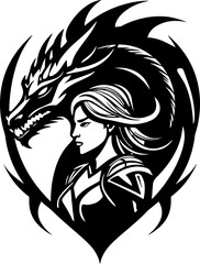 woman warrior with a dragon tattoo logo art