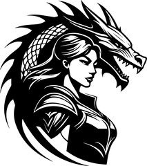 woman warrior with a dragon tattoo logo art