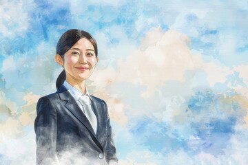 青空と笑顔の女性会社員の水彩画（就活・転職・就職・会社・仕事・ビジネスウーマン）