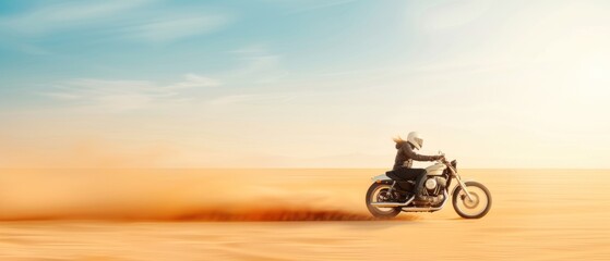 Obraz premium Rider on a motorcycle crossing a vast desert landscape, bright natural light, copy space