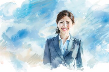 青空と笑顔の女性会社員の水彩画（就活・転職・就職・会社・仕事・ビジネスウーマン）