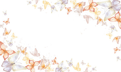 Fluttering butterflies of delicate shades. Watercolor illustration in digital. Flying, elegant butterflies and moths isolated on a white background. Lilac and beige butterflies with paint splashes.
