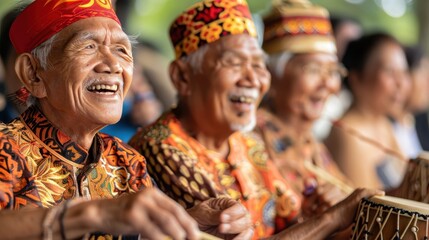 Obraz premium Elderly musicians joyfully play traditional drums during a lively cultural festival