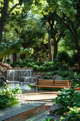 A wooden bench sits next to a beautiful waterfall in nature