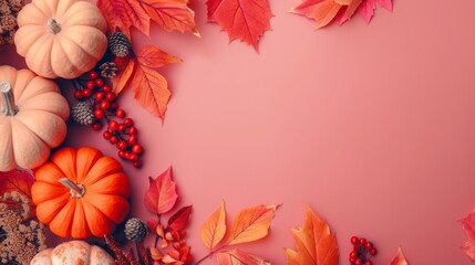 Minimal flat lay thanksgiving background with pastel pumpkins, red and orange leaves, and dried berries. generative ai