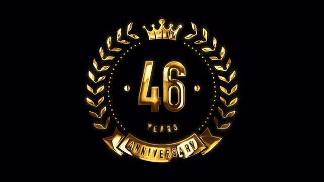46th Anniversary Celebration. Happy 46 Years Anniversary Animation in Gold Color on the Transparent Background, Alpha Channel. Great for greetings, celebrations, events, and gifts.