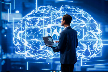 Developer using laptop to implement artificial intelligence parallel processing, breaking up...
