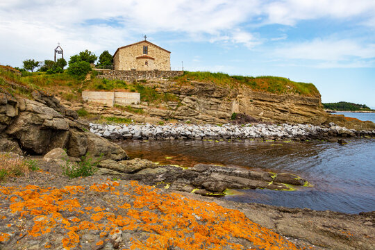 Bulgarian Black Sea coastal view with the Church of the Dormition of the Mother of God in Tsarevo, Tsarevo Municipality, Province of Burgas