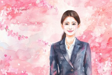 桜と笑顔の女性会社員の水彩画（就活・転職・就職・会社・仕事・会社員）