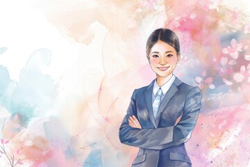 桜と笑顔の女性会社員の水彩画（就活・転職・就職・会社・仕事・会社員）