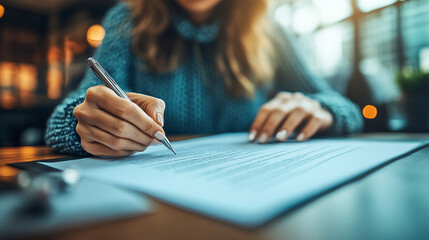 woman's hand signing a document, symbolizing agreement, commitment, and official authorization. The image portrays professionalism, legality, and administrative processes