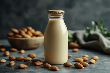 A bottle of almond milk surrounded by scattered almonds on a minimalist grey background