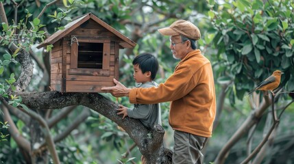 An elderly man guides a young boy as they build a birdhouse in a vibrant garden