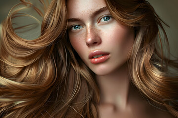 Luminous, long, light brown hair with healthy texture and subtle sheen cascades down against a soft, creamy background, ideal for haircare, shampoo, and salon promotions.