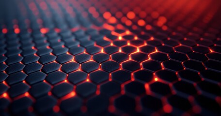Fototapeta premium Red and black carbon fiber hexagonal pattern background with light reflection, depth of field effect, close-up perspective, macro lens