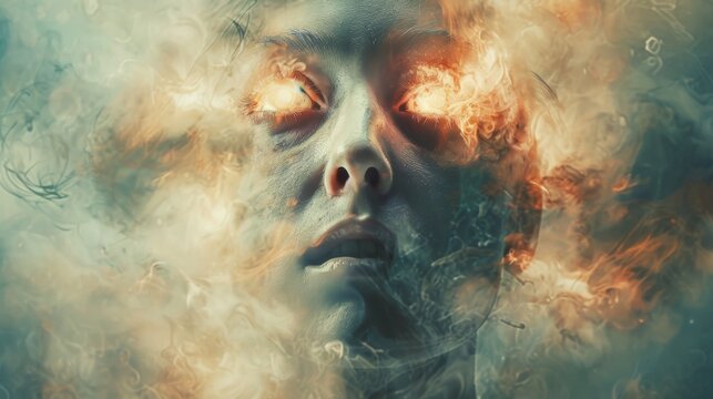 mind control, compelling depiction of a blank-faced individual, eyes glazed, appearing to be controlled by outside influences, symbolizing brainwashing and manipulation
