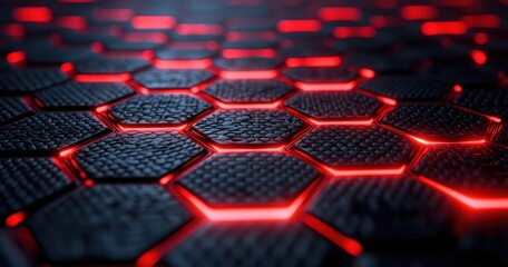 Fototapeta premium Red and black carbon honeycomb, light reflection on the surface of the carbon hexagons, cinematic lighting, close-up, macro photography