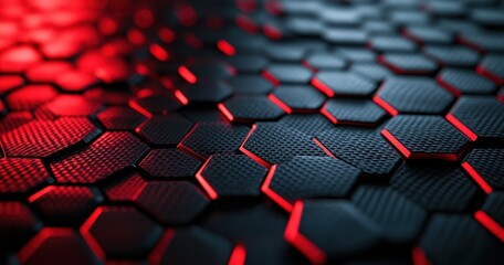 Fototapeta premium Red and black carbon honeycomb, light reflection on the surface of the carbon hexagons, cinematic lighting, close-up, macro photography