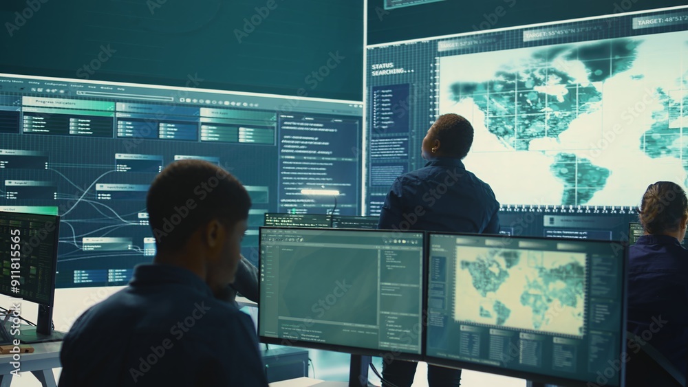 Poster governmental hackers exploiting network systems in high tech office, executing cyber operations for 