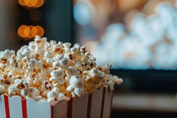 A classic box of popcorn for watching a movie on the big screen, food for the cinema, a large TV, a fun pastime.