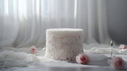 白いレースで飾られたケーキが花びらと柔らかい光に囲まれて、特別な空間を彩ります。