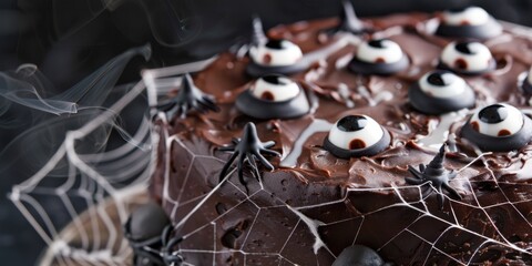 Chocolate cake decorated with spider webs and eerie eyeballs for Halloween festivities