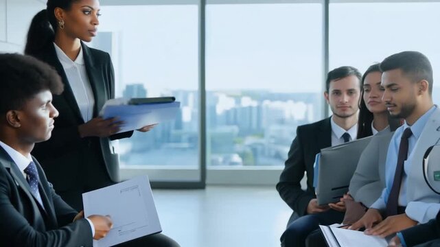 HR Employee Distributing CVs to Diverse Job Candidates in Office Generative AI