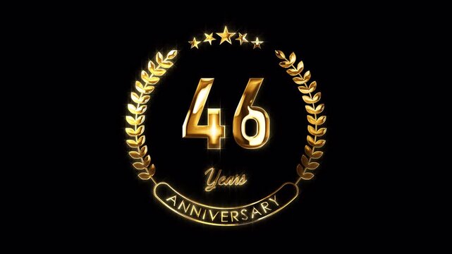 46th Anniversary Celebration. Happy 46 Years Anniversary Animation in Gold Color on the Transparent Background, Alpha Channel. Great for greetings, celebrations, events, and gifts.