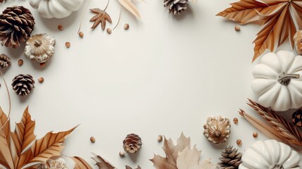 Minimal flat lay thanksgiving background with white pumpkins, brown leaves, and pine cones. generative ai