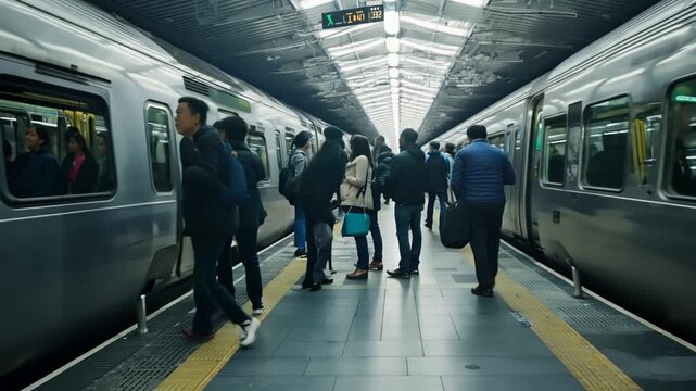 Crowd of Passengers Boarding at Subway Station During Busy Rush Hour Generative AI