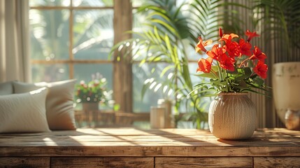 Sunlight Streaming Through a Window onto a Wooden Table with Flowers
