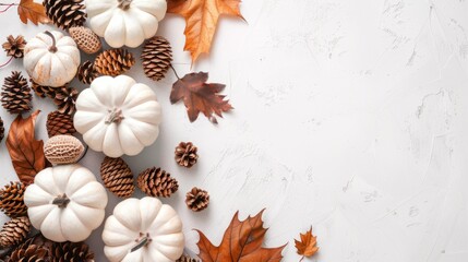 Fototapeta premium Minimal flat lay thanksgiving background with white pumpkins, brown leaves, and pine cones. generative ai