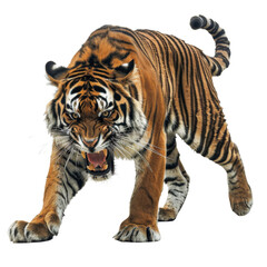 Obraz premium Fierce tiger on the prowl displaying its majestic strength and power in the wild, with striking stripes and intense gaze.