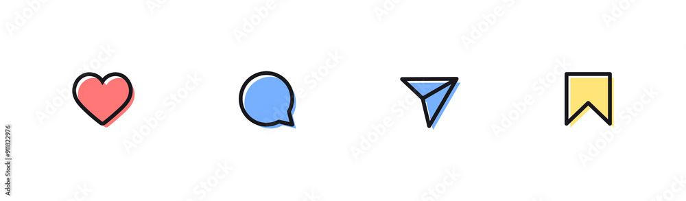 Poster like, comment, share and save icon set. social media notification icons , social network user interf