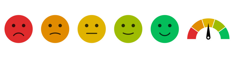 feedback emojis emoticons. happy, smile, neutral, sad, angry, emoji, icon - Speedometer dashboard template and emoticon level scale - rating emojis for product review. Satisfaction meter, tachometer