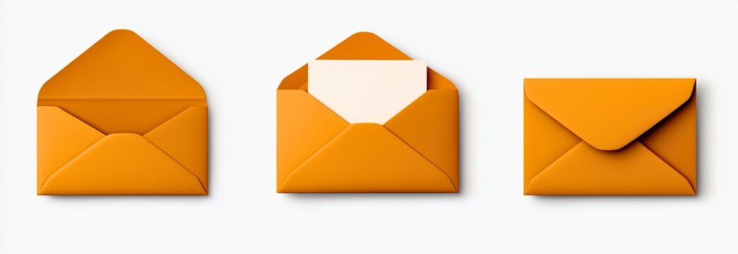 A clean and modern image featuring three orange envelopes in different stages of use, set against a white background. The first envelope is open, the second is partially filled with a blank card