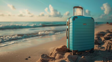 Modern blue suitcase in the sand, in front of a beach, generative ai